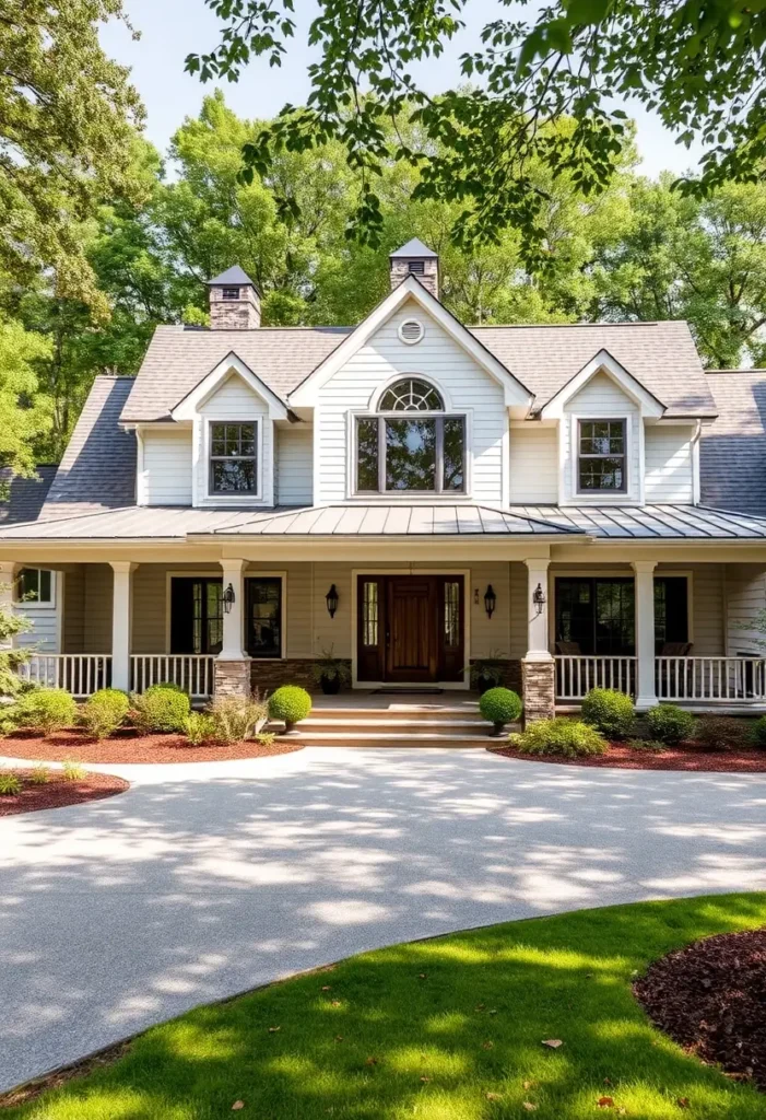 Elegant white cottage with stone accents, a front porch, arched windows, and lush greenery surrounding it.