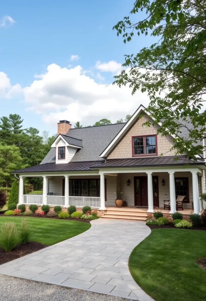 Beautiful cottage with a wraparound porch, red-trimmed windows, and a stone pathway surrounded by manicured greenery and trees.