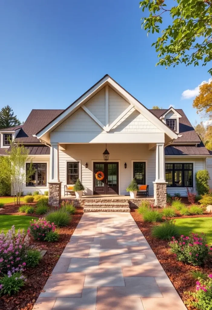 Cottage house with a gabled roof, stone columns, landscaped garden, and a decorated entryway featuring bright greenery and flowers.