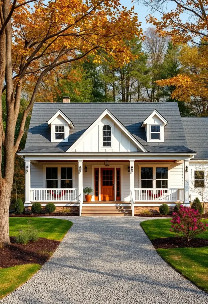 Cottage house with white siding, an orange front door, a gravel driveway, and autumn trees in the background.