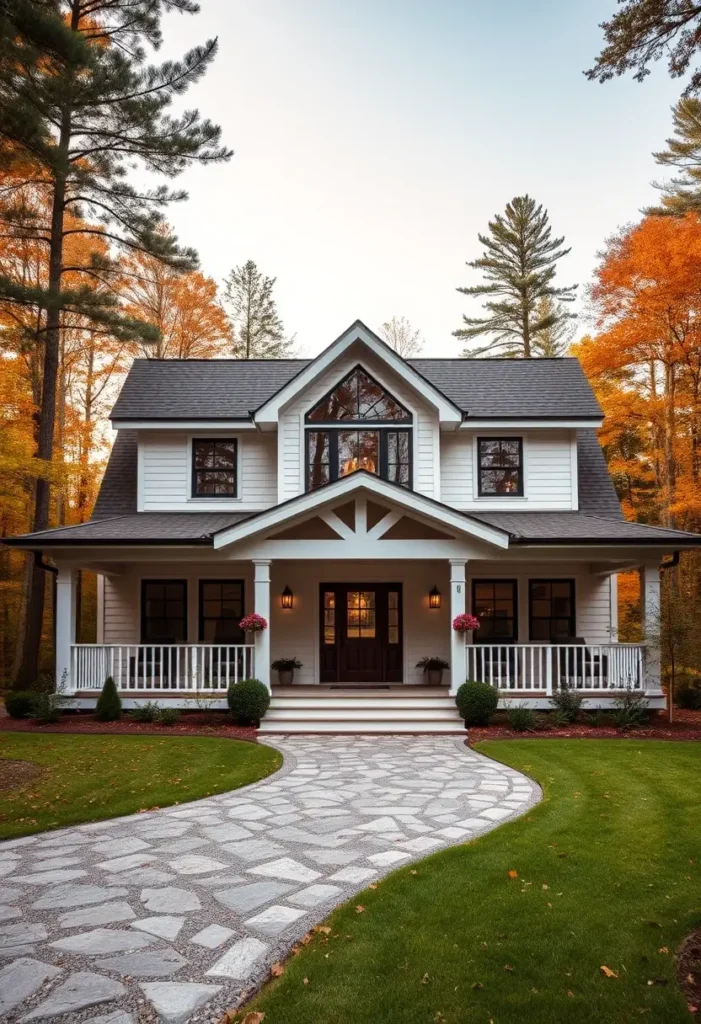 Two-story white cottage with a gabled roof, large porch, and a stone pathway surrounded by vibrant autumn trees.