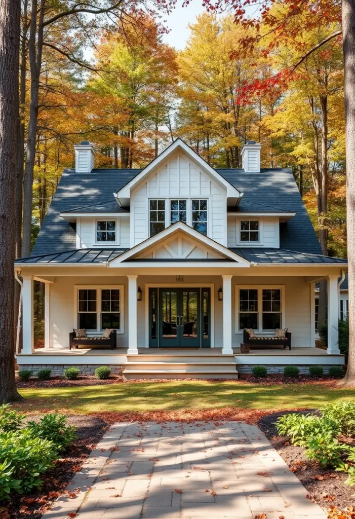 Two-story white cottage with a gabled roof, front porch, and surrounded by colorful autumn trees and a brick pathway.