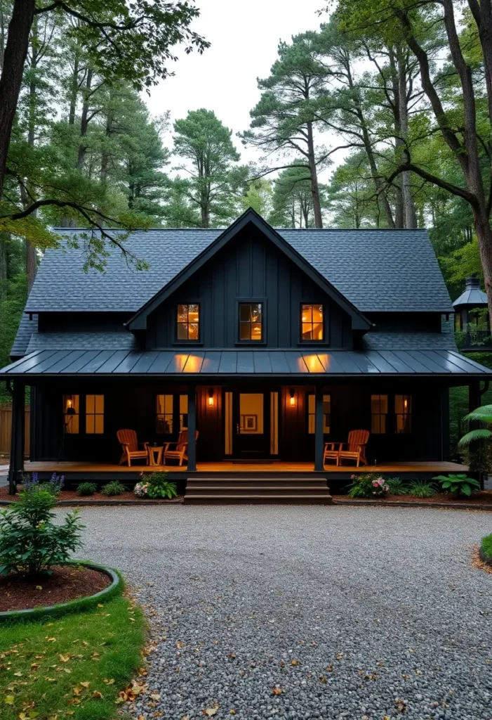 Modern black cottage with warm interior lights, a spacious front porch, and a gravel driveway surrounded by lush trees.