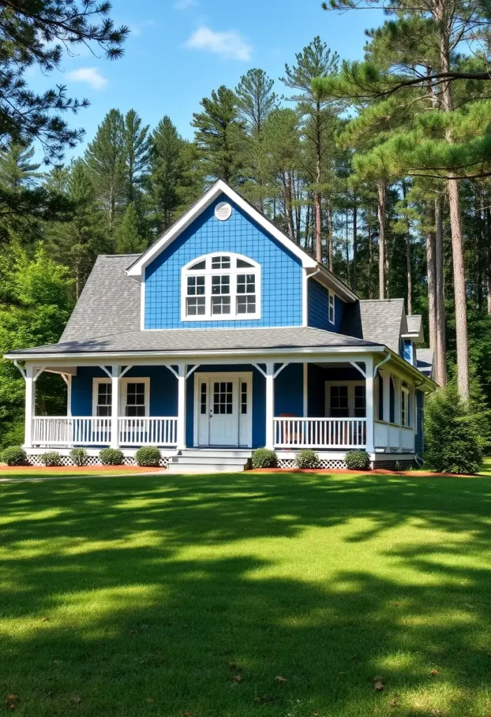 Bright blue cottage with white trim, arched windows, and a wraparound porch surrounded by green grass and tall trees.