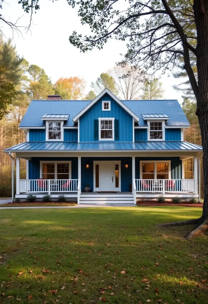 Deep blue cottage with white trim, shutters, a metal roof, and a wraparound porch nestled in a wooded setting.