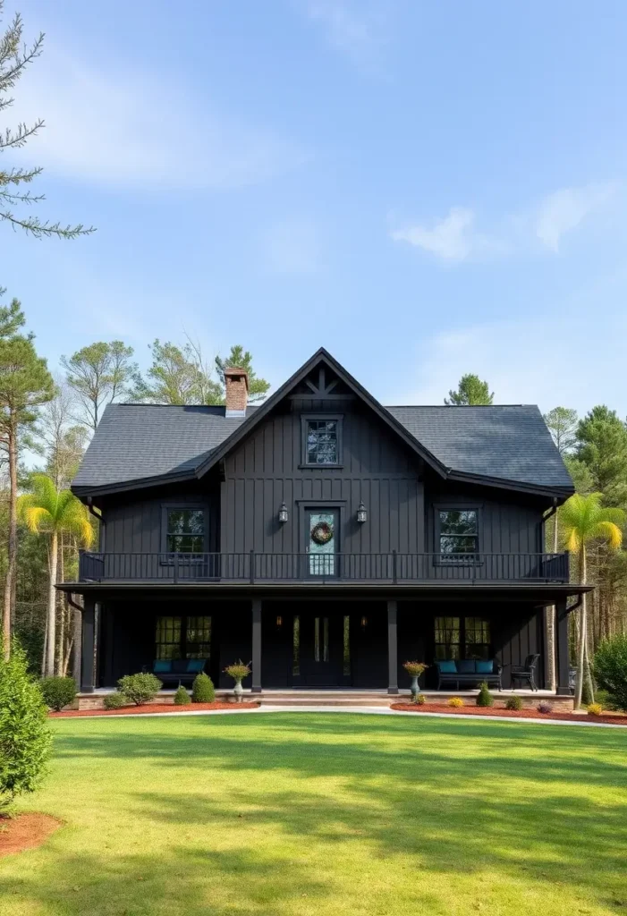 Large black cottage with double balconies, wraparound porch, and a manicured green lawn surrounded by trees.