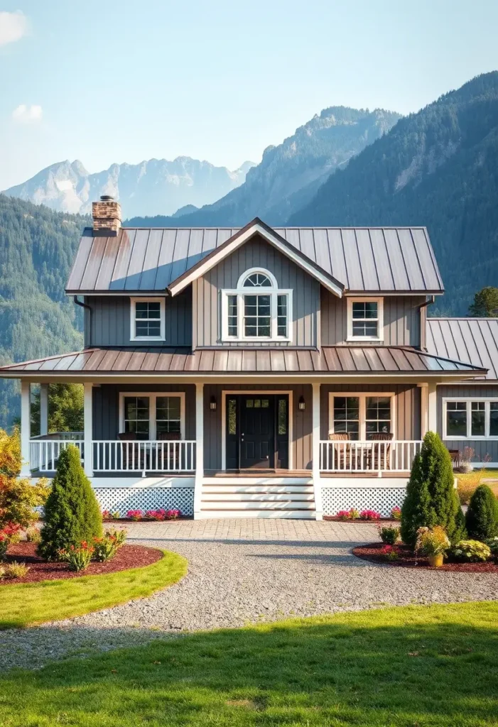 Gray mountain cottage with a metal roof, arched windows, wraparound porch, and a landscaped yard with gravel driveway.