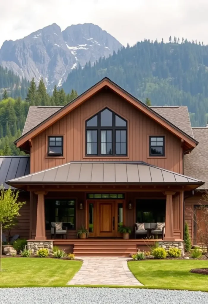 Rustic wooden mountain cottage with a gabled window, metal roof, front porch, and scenic mountain views.