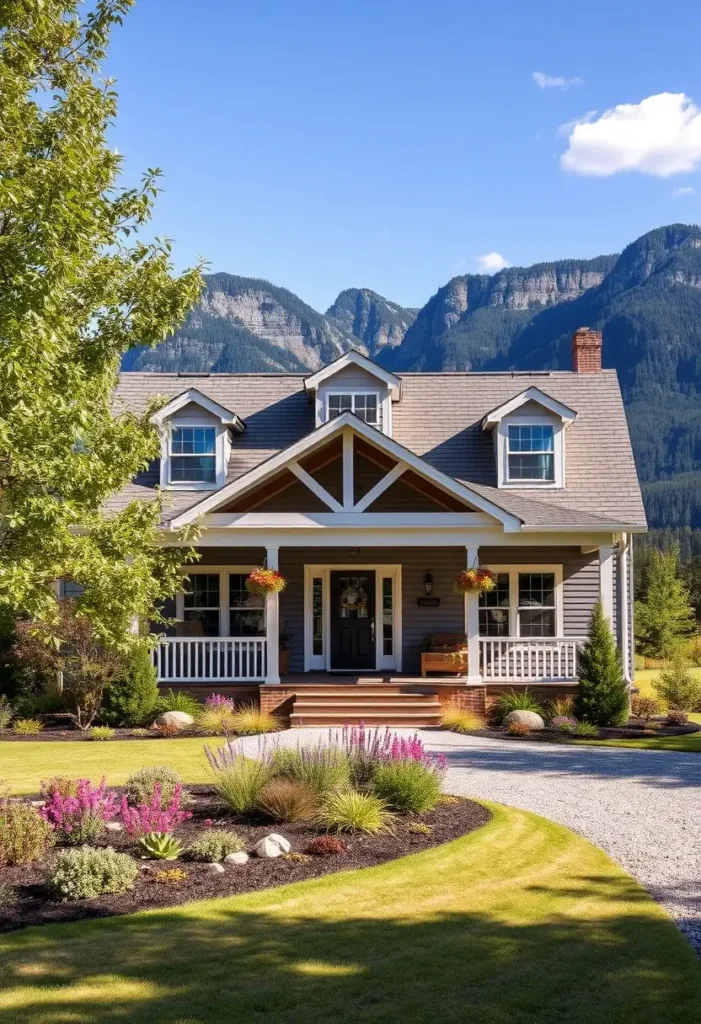 Gray cottage with a gabled roof, wraparound porch, colorful landscaping, and a stunning mountain backdrop.