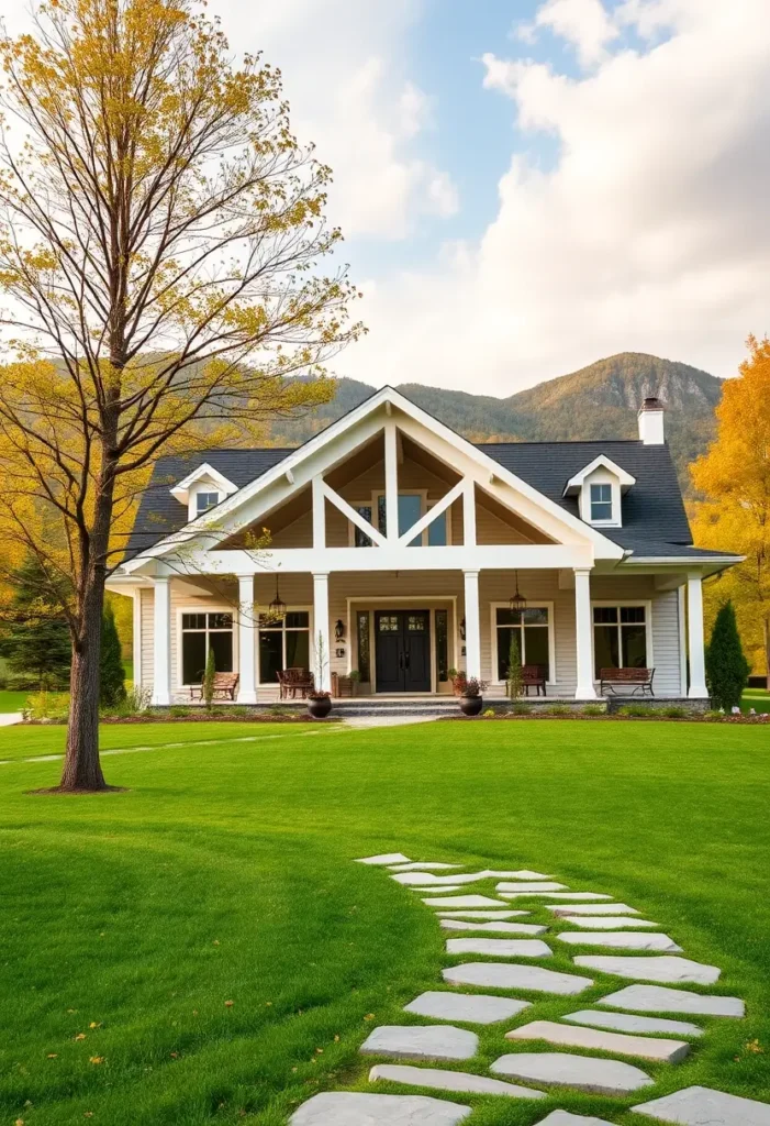 White cottage with a gabled roof, large porch, stone pathway, and lush green lawn with mountains in the background.