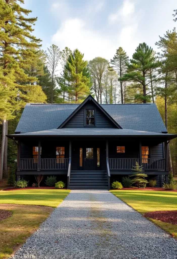 Black modern cottage with a gabled roof, front porch, and gravel pathway, surrounded by lush green trees.