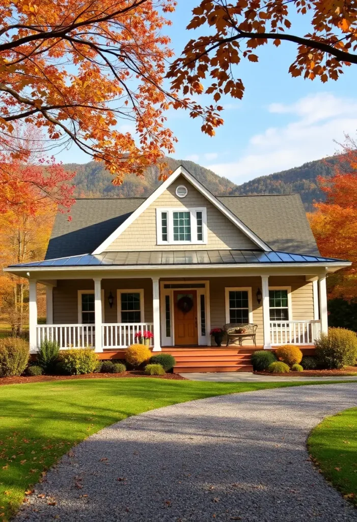 Beige cottage with an orange door, front porch, gravel pathway, and vibrant autumn trees in the background.