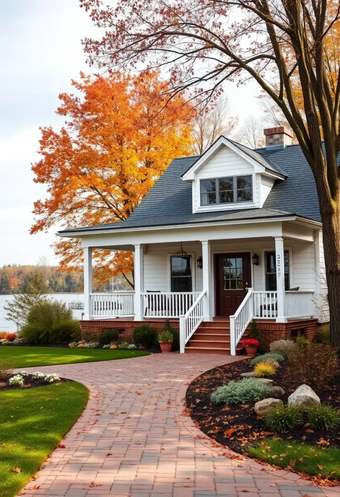 White lakeside cottage with a brick pathway, front porch, and vibrant autumn trees by the water.