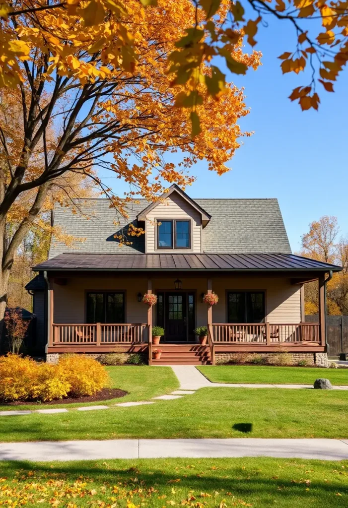 Beige cottage with a metal roof, front porch, hanging baskets, and vibrant autumn trees and foliage.
