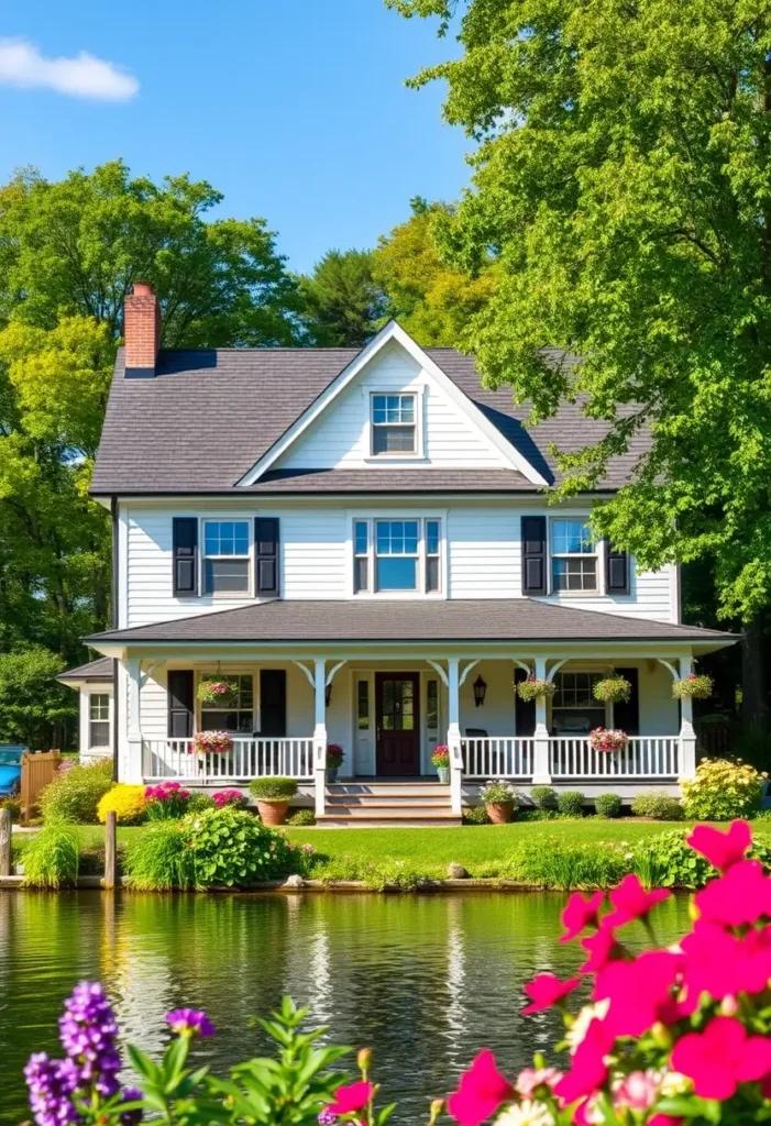 White waterfront cottage with black shutters, a wraparound porch, vibrant flowers, and a tranquil pond in the foreground.