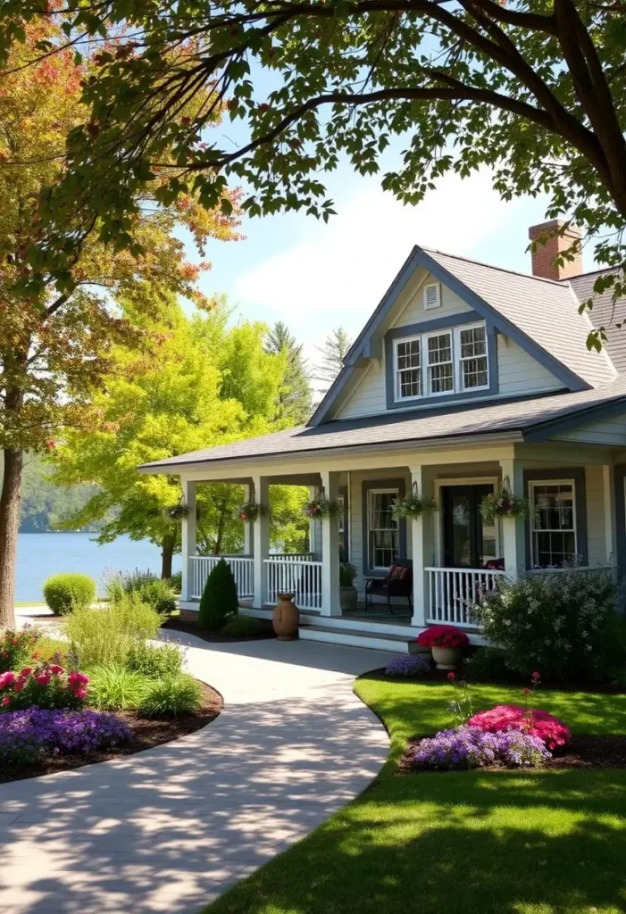 White lakeside cottage with blue trim, wraparound porch, colorful flowers, and a serene lakeside setting.