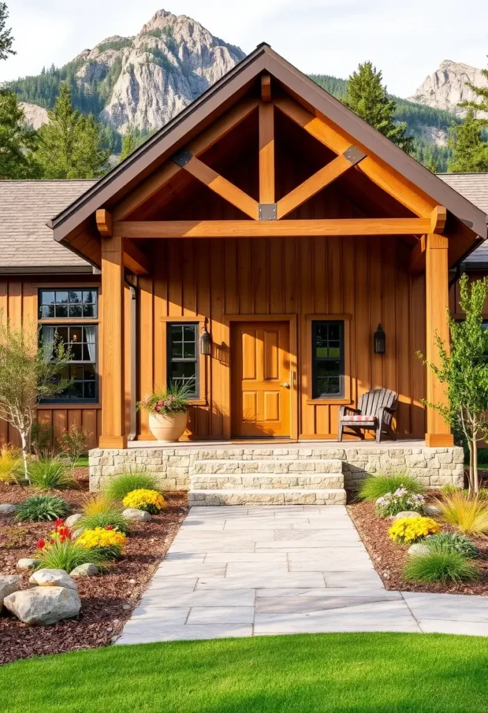 Rustic mountain cottage with natural wood siding, gabled entrance, stone steps, and colorful landscaping.