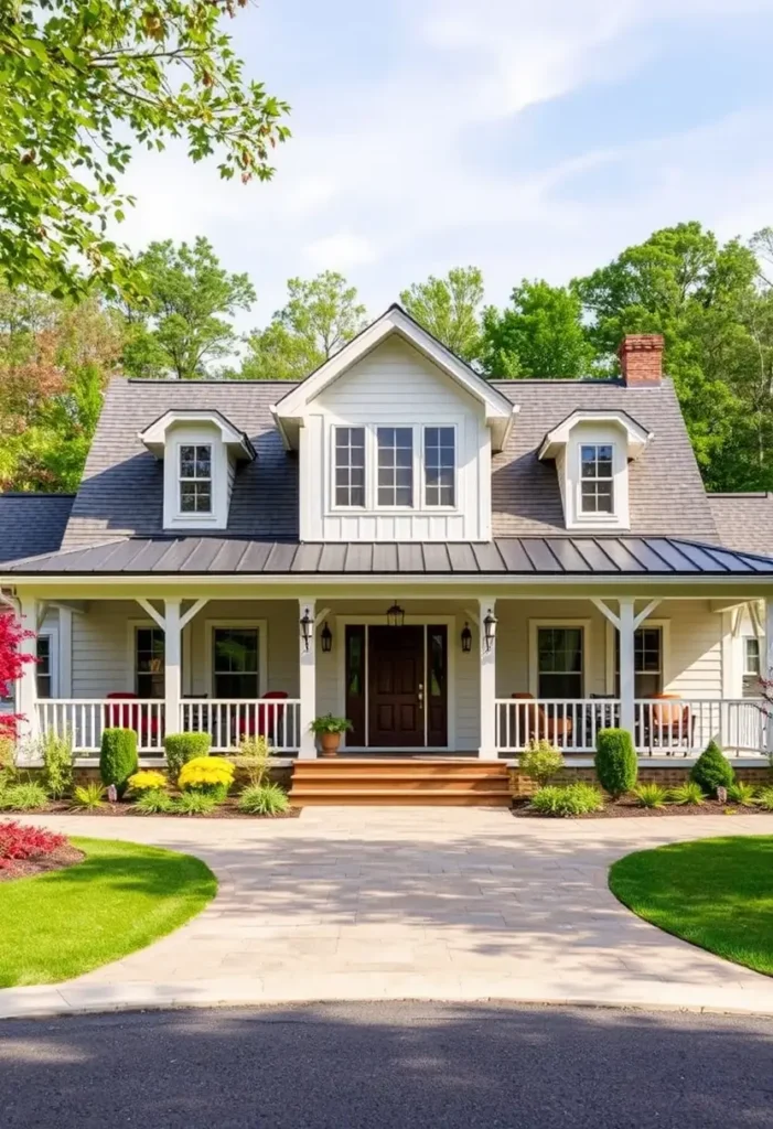 White country cottage with gabled roof, dormer windows, wraparound porch, and vibrant landscaping.