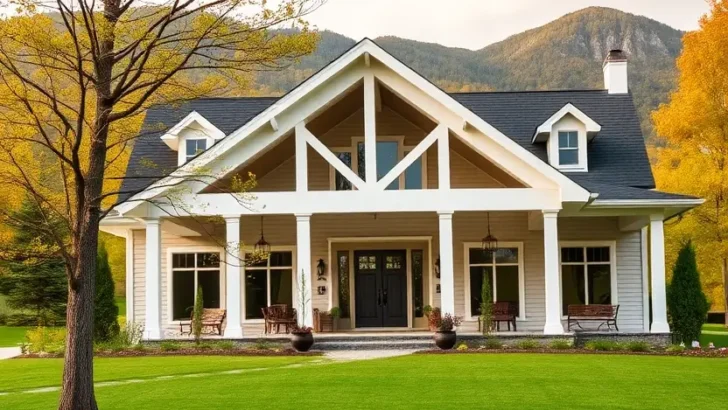 White cottage with a gabled roof, large porch, stone pathway, and lush green lawn with mountains in the background. Feature image