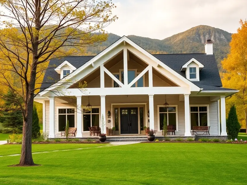 White cottage with a gabled roof, large porch, stone pathway, and lush green lawn with mountains in the background. Feature image