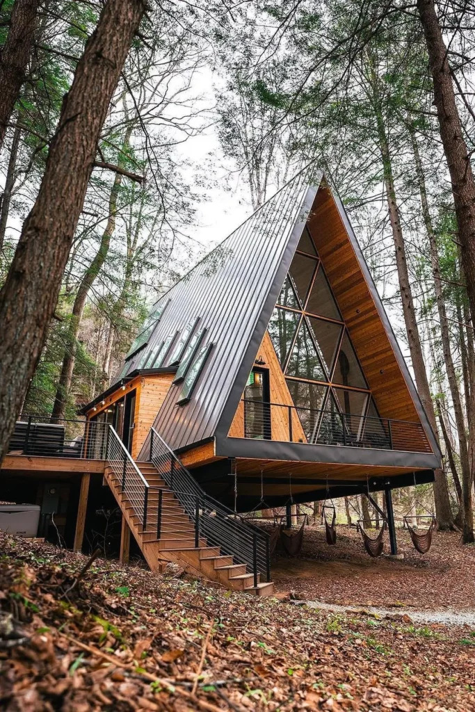 Elevated A-frame house with a metal roof, wooden siding, large triangular windows, and a deck, surrounded by tall trees and equipped with hammocks underneath.