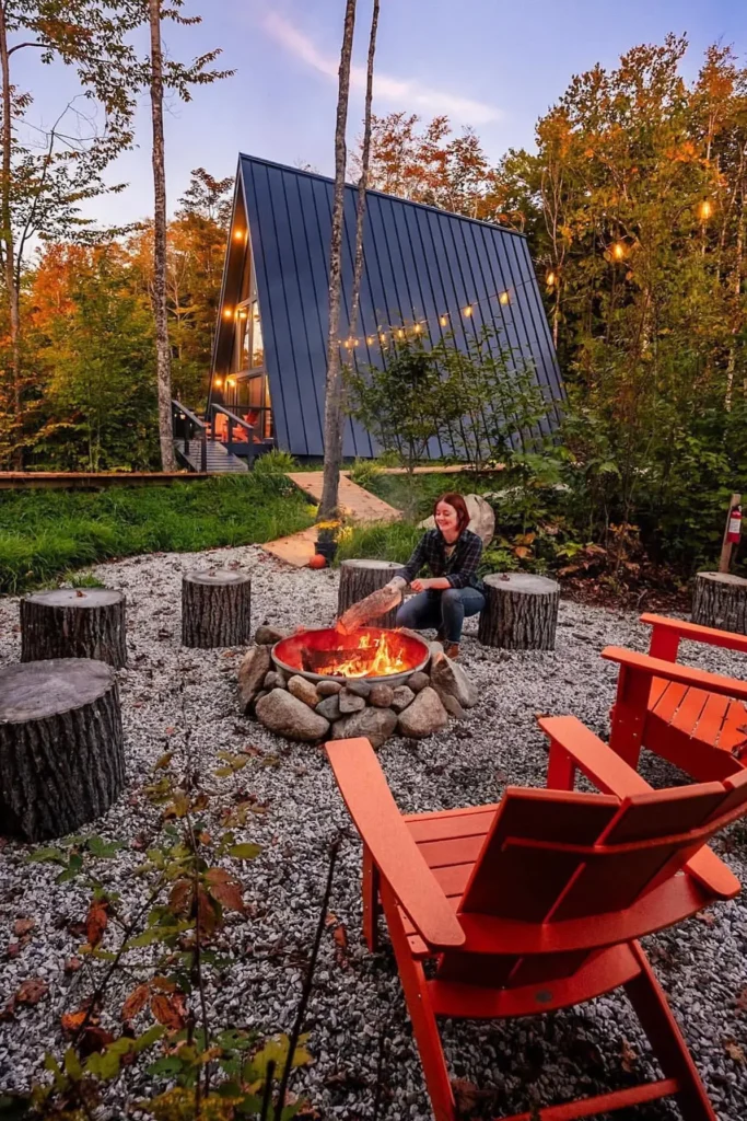 A-frame cabin with a fire pit surrounded by Adirondack chairs and tree stump seating, set in a forest with string lights and a warm, inviting ambiance.