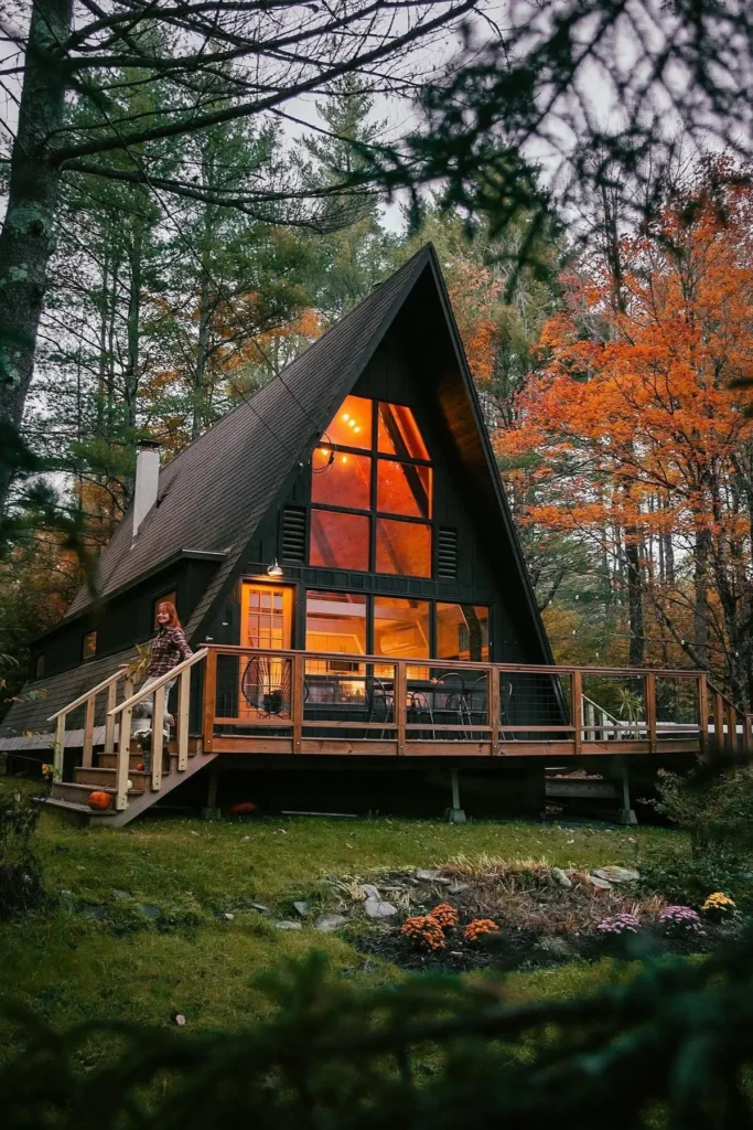 A-frame cabin with glowing interior lights, a wraparound deck, and surrounded by colorful autumn foliage in a tranquil forest setting.