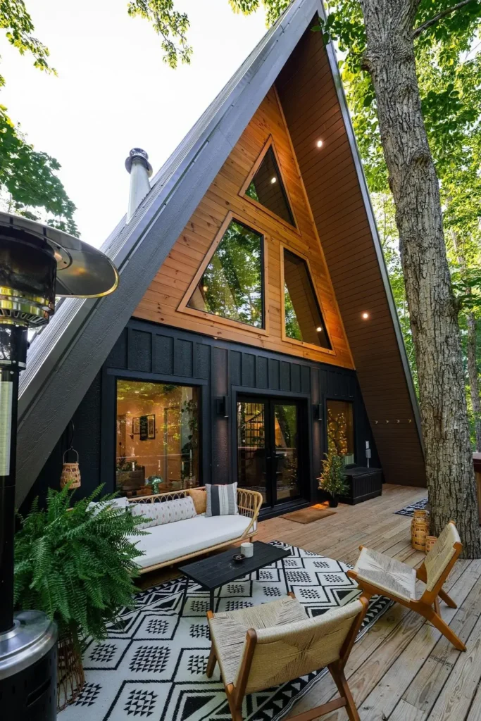 Modern A-frame cabin with triangular windows, an outdoor seating area with a patterned rug, and lush greenery, set in a wooded environment.