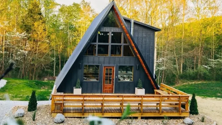 A-frame cabin with a wraparound deck, large windows, and modern planters, surrounded by vibrant greenery in a peaceful outdoor setting.