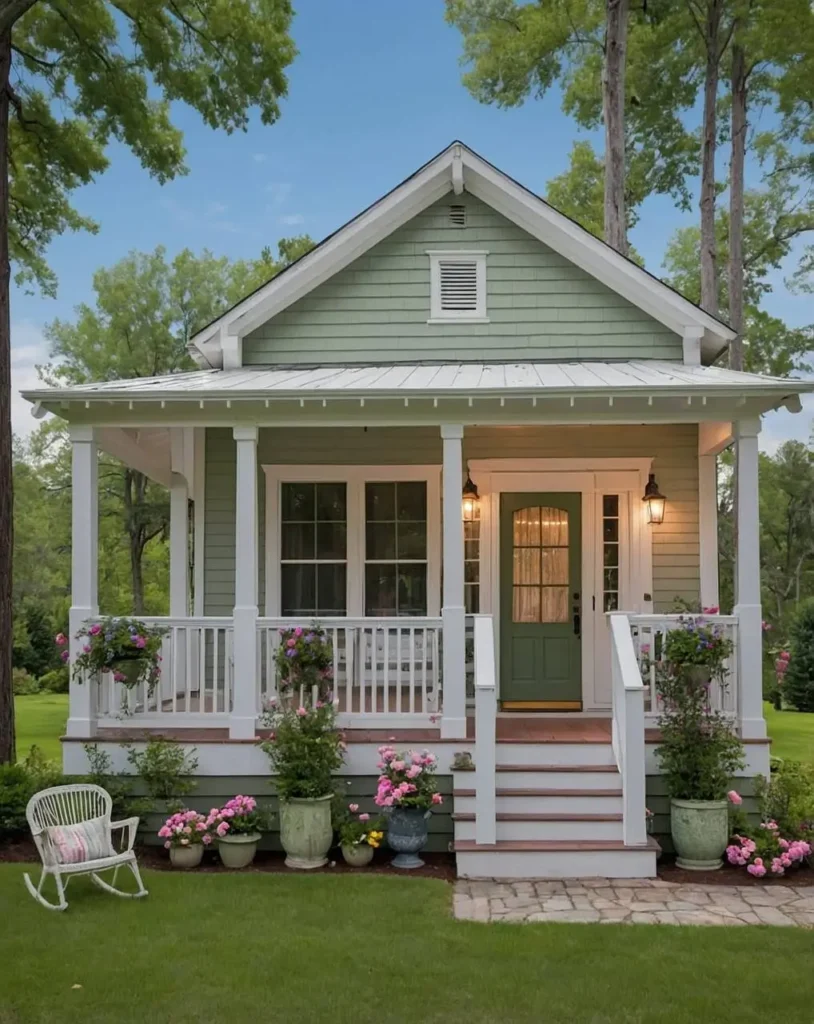 Cozy cottage exterior with a green door, white porch, and floral accents.