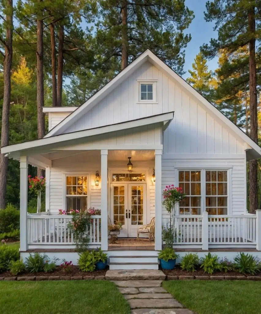 White cottage exterior with French doors, a cozy porch, and a garden pathway.