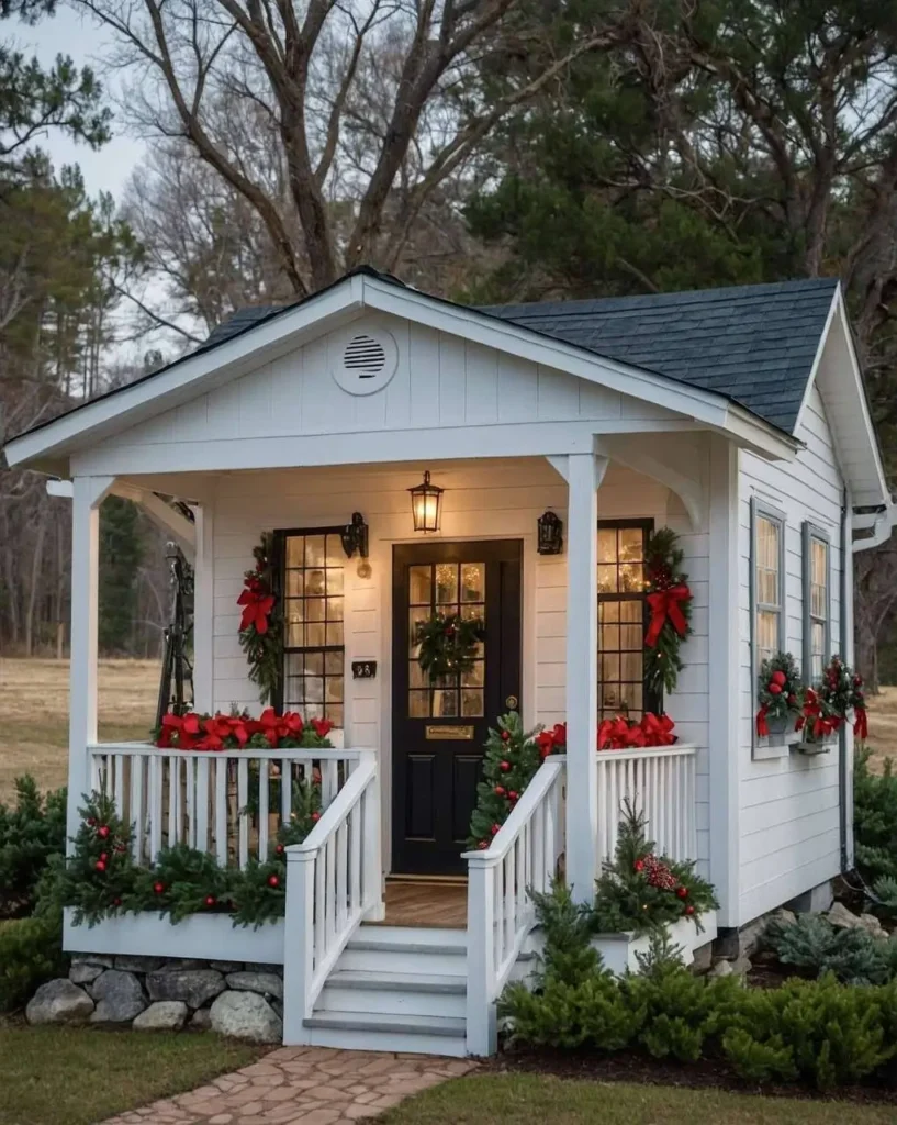 White holiday cottage with wreaths, red bows, garlands, and a black front door.