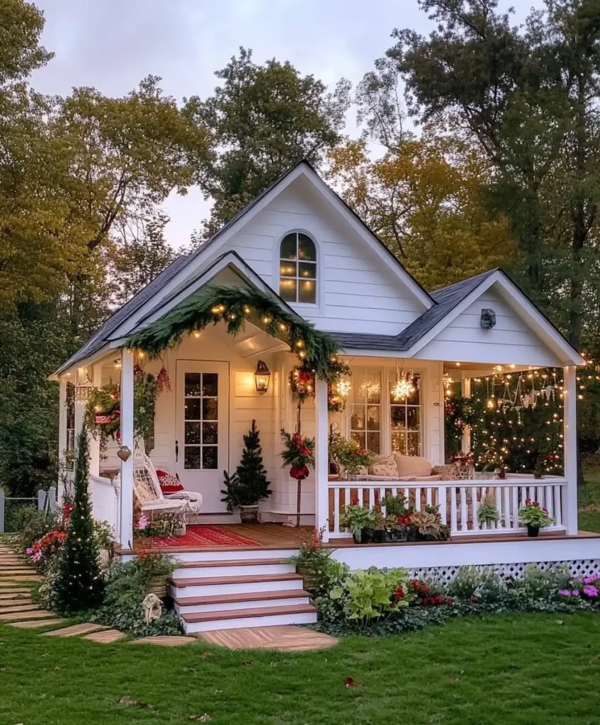 White cottage with fairy lights, garlands, and a decorated wrap-around porch.