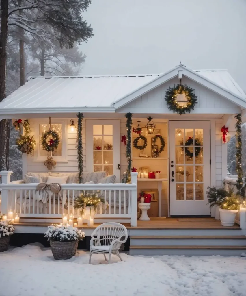 Snowy white cottage with candles, wreaths, garlands, and cozy porch seating.