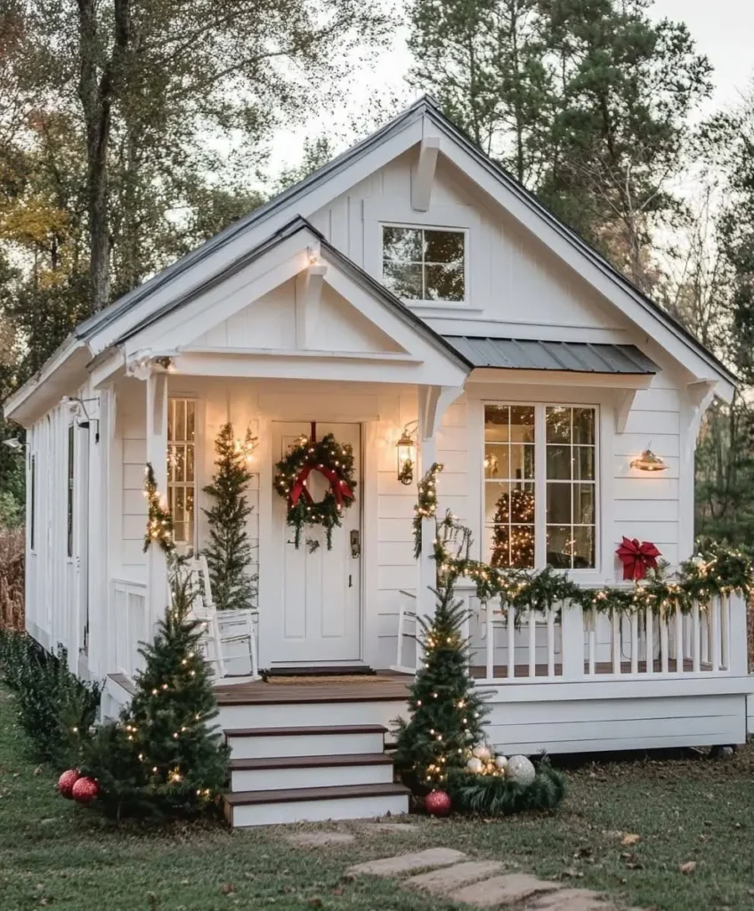 White cottage with holiday wreath, garlands, small lit trees, and festive ornaments.