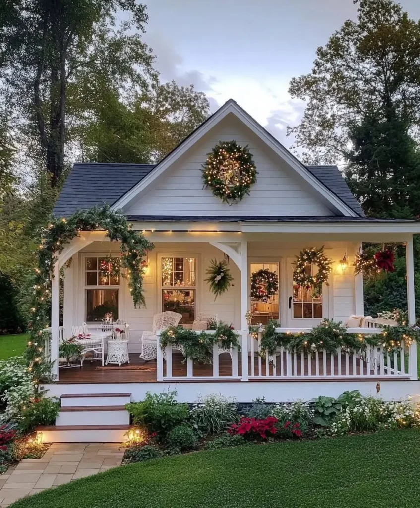 White cottage with illuminated wreaths, garlands, and a decorated wrap-around porch.