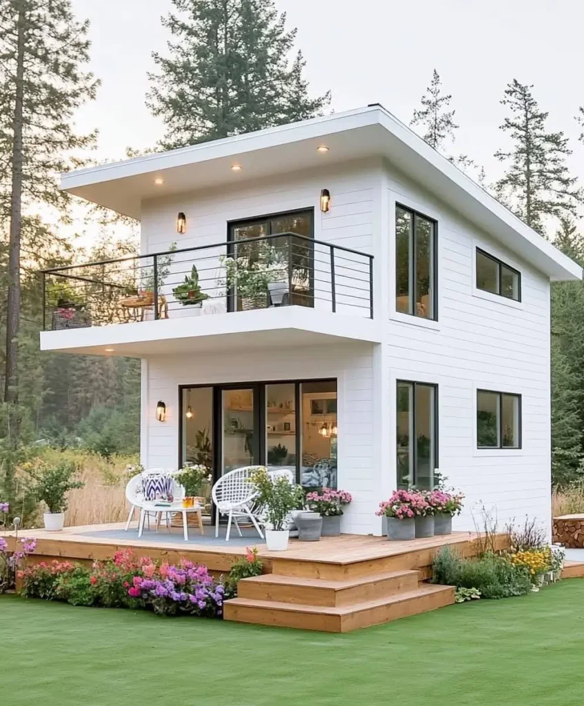 Modern white cottage with a wooden deck, balcony, and vibrant garden.