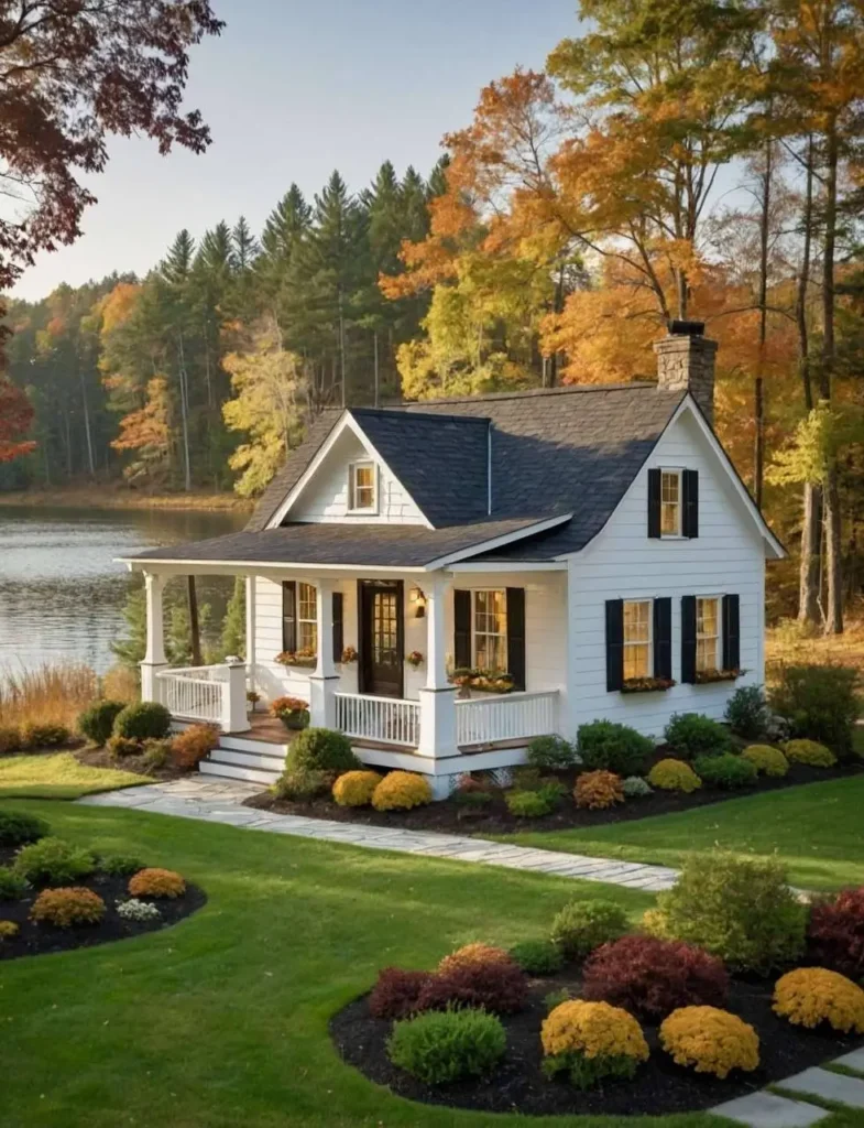 White lakeside cottage with black shutters, porch, and landscaped gardens in autumn.