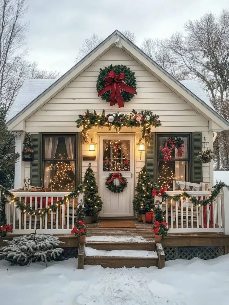 Snowy cottage with holiday garlands, wreaths, red bows, and glowing lights.