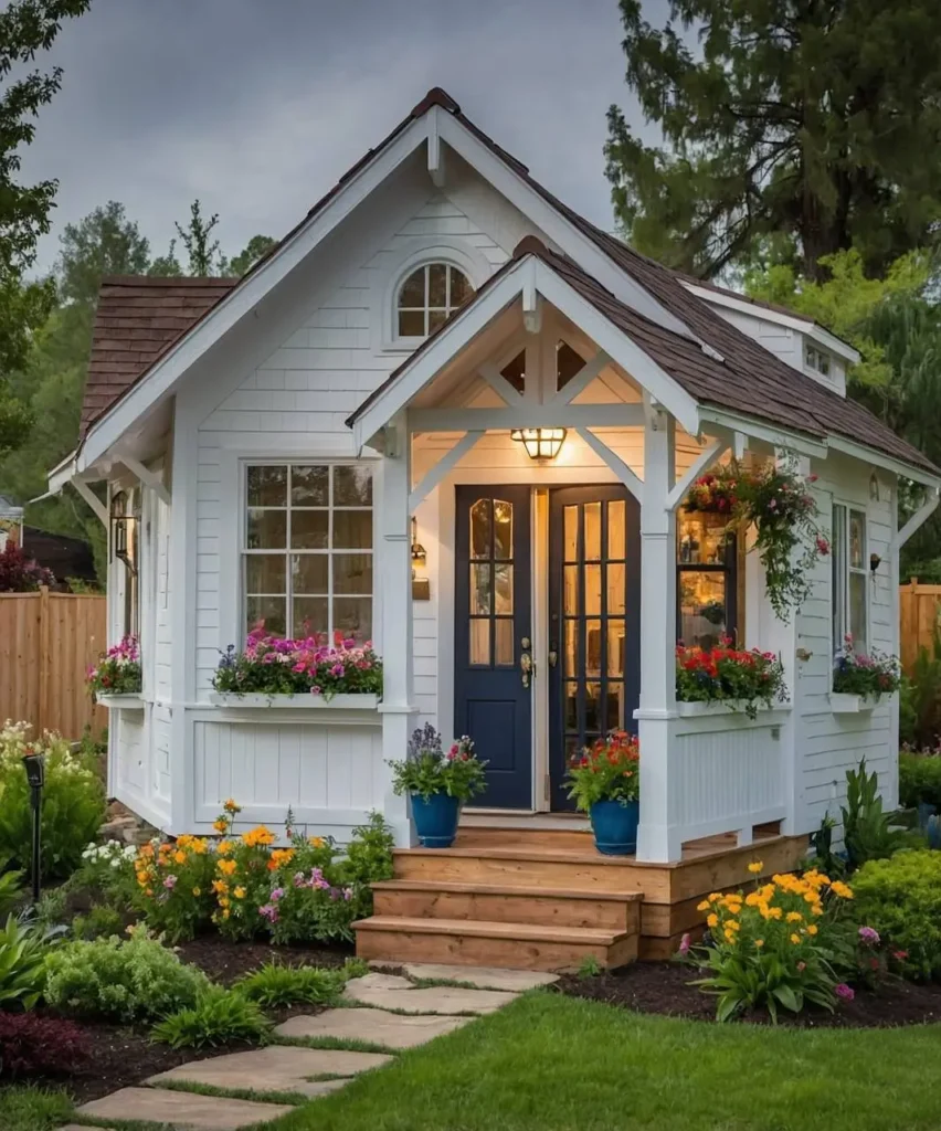 White cottage with flower boxes, navy-blue door, and lush garden landscaping.