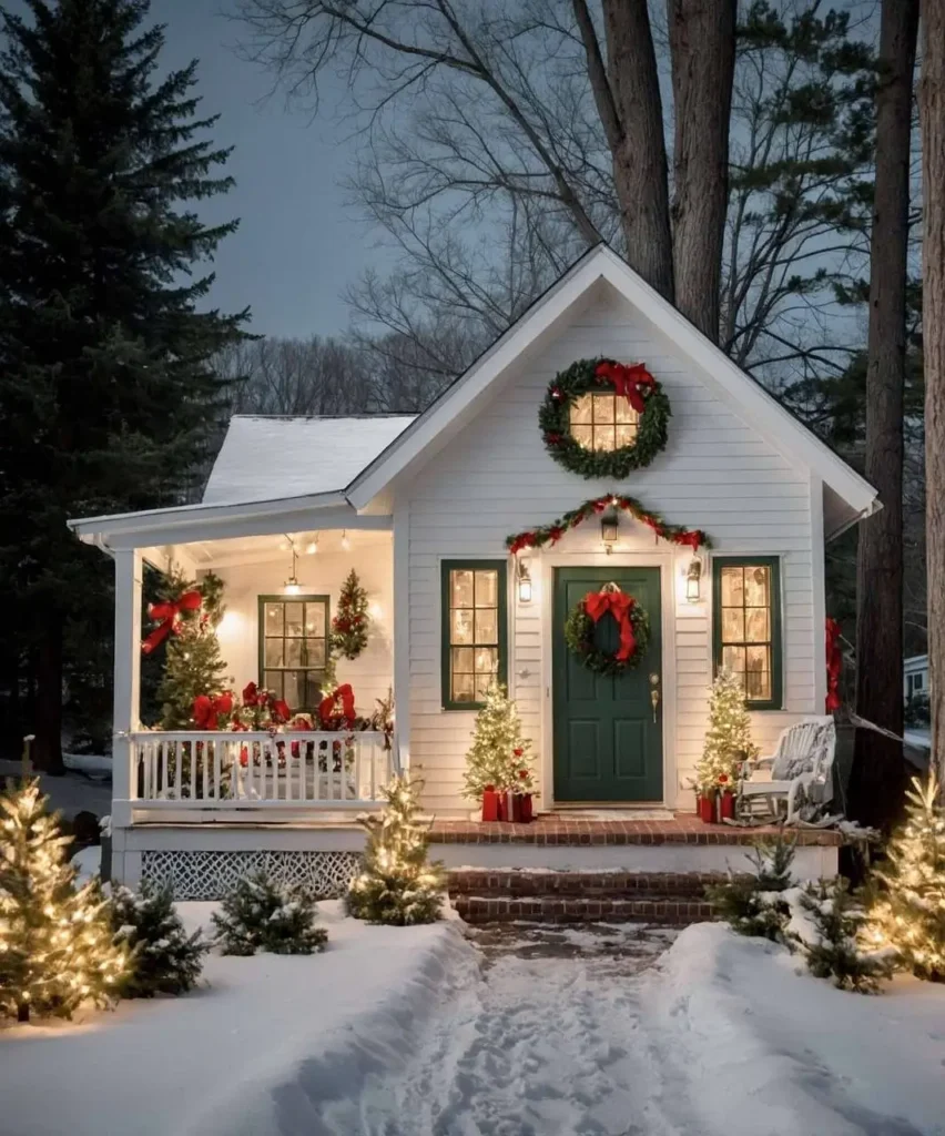 White cottage with glowing evergreens, festive wreaths, and holiday decorations in the snow.