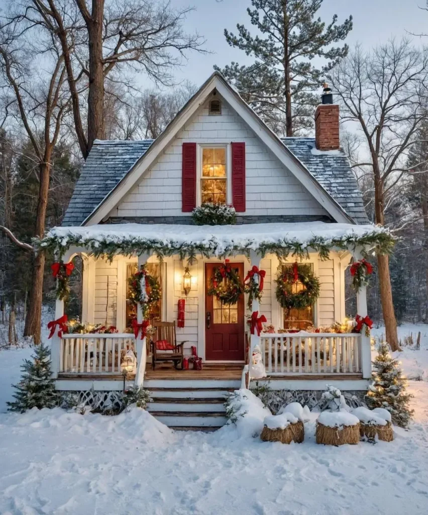 Snowy white cottage with red shutters, holiday wreaths, and glowing festive decor.