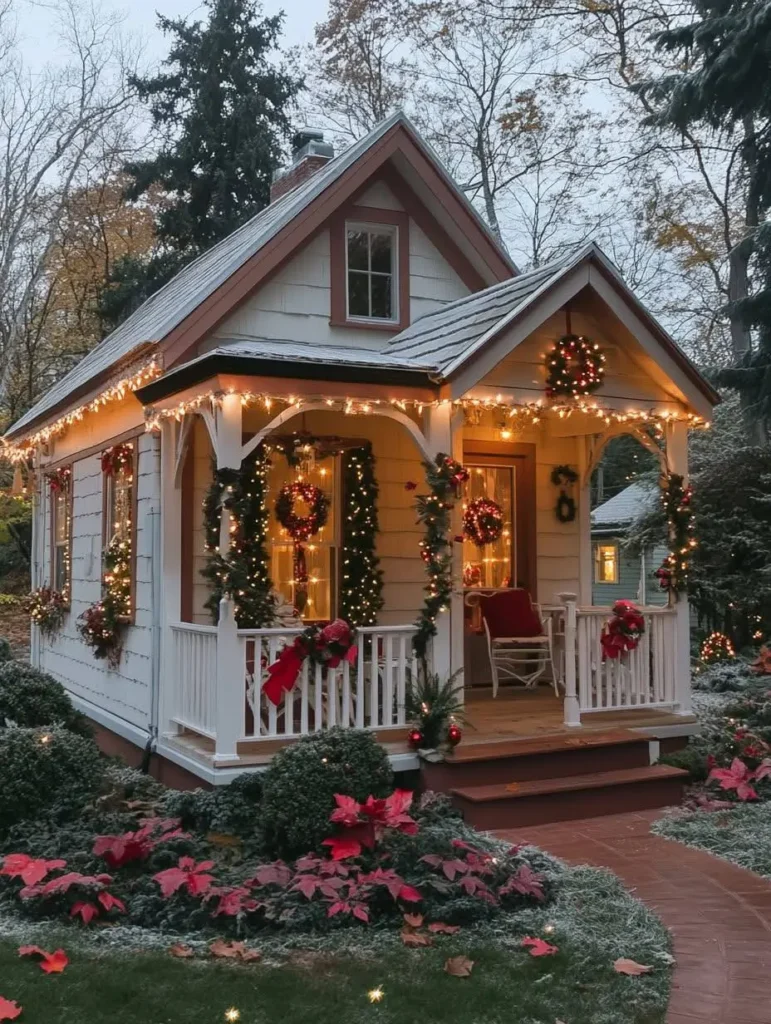 Cottage exterior with string lights, garlands, poinsettias, and festive wreaths.