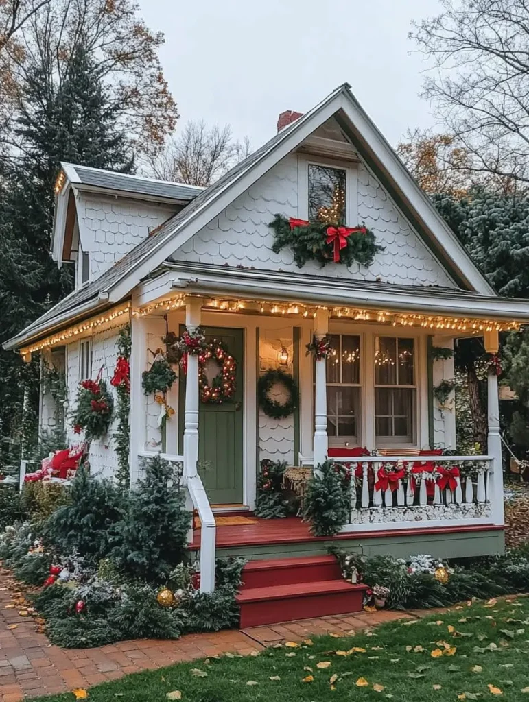 Cottage exterior with green door, garlands, twinkling lights, and festive red decor.