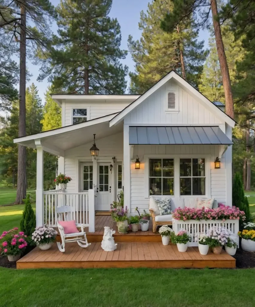 White cottage with a wooden deck, potted flowers, and cozy outdoor seating.