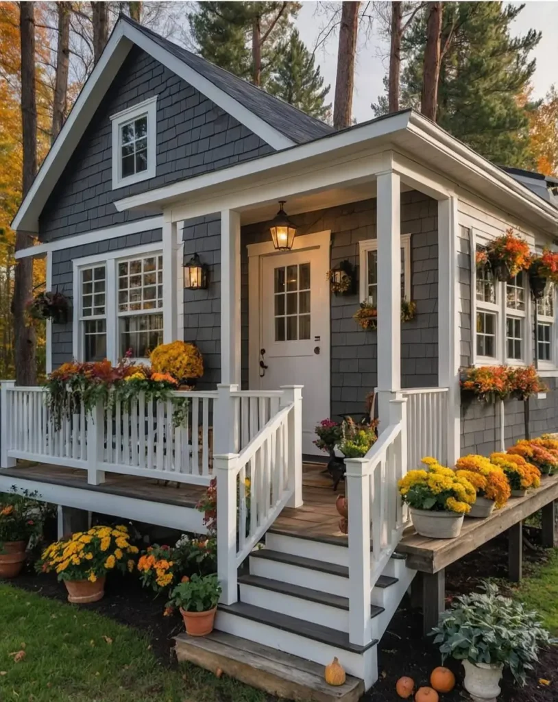 Gray cottage with white porch, fall mums, and seasonal foliage.