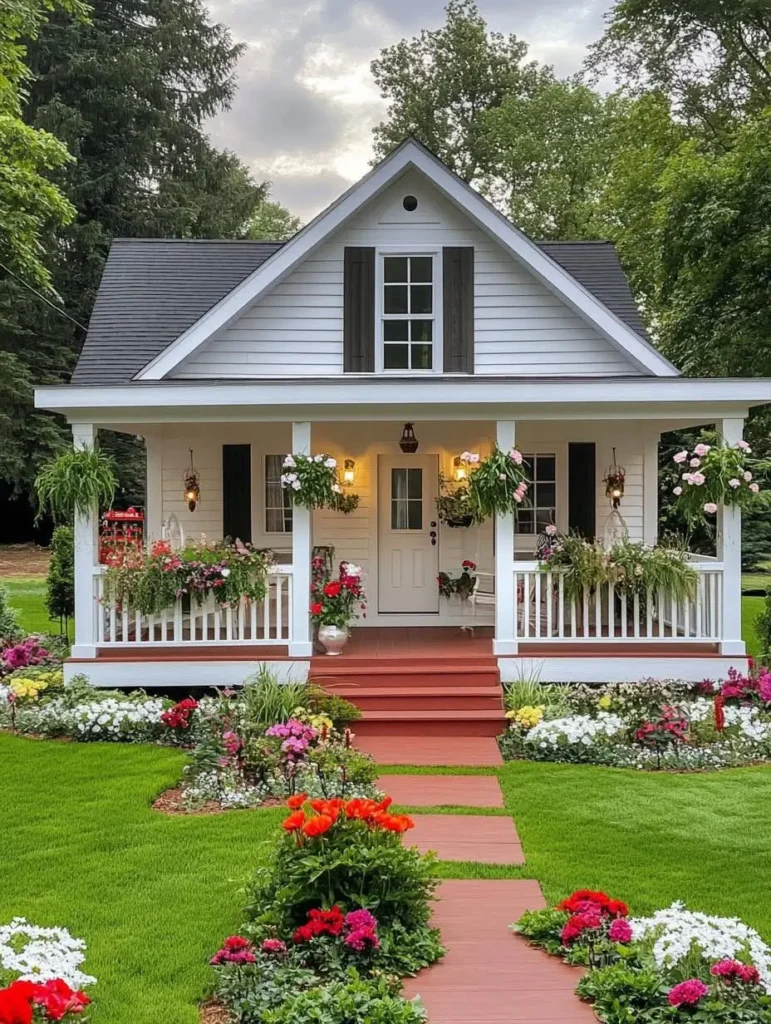 White cottage with a red pathway, lush gardens, and hanging planters.