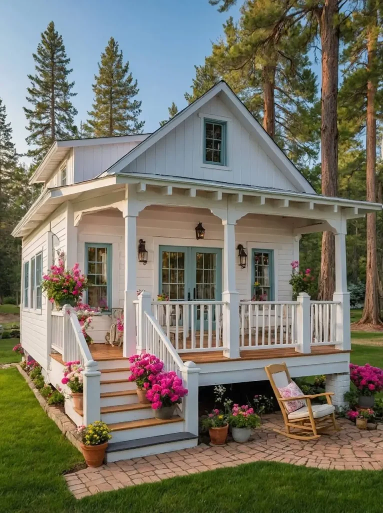 White cottage with pastel blue doors, pink flowers, and a classic white porch.