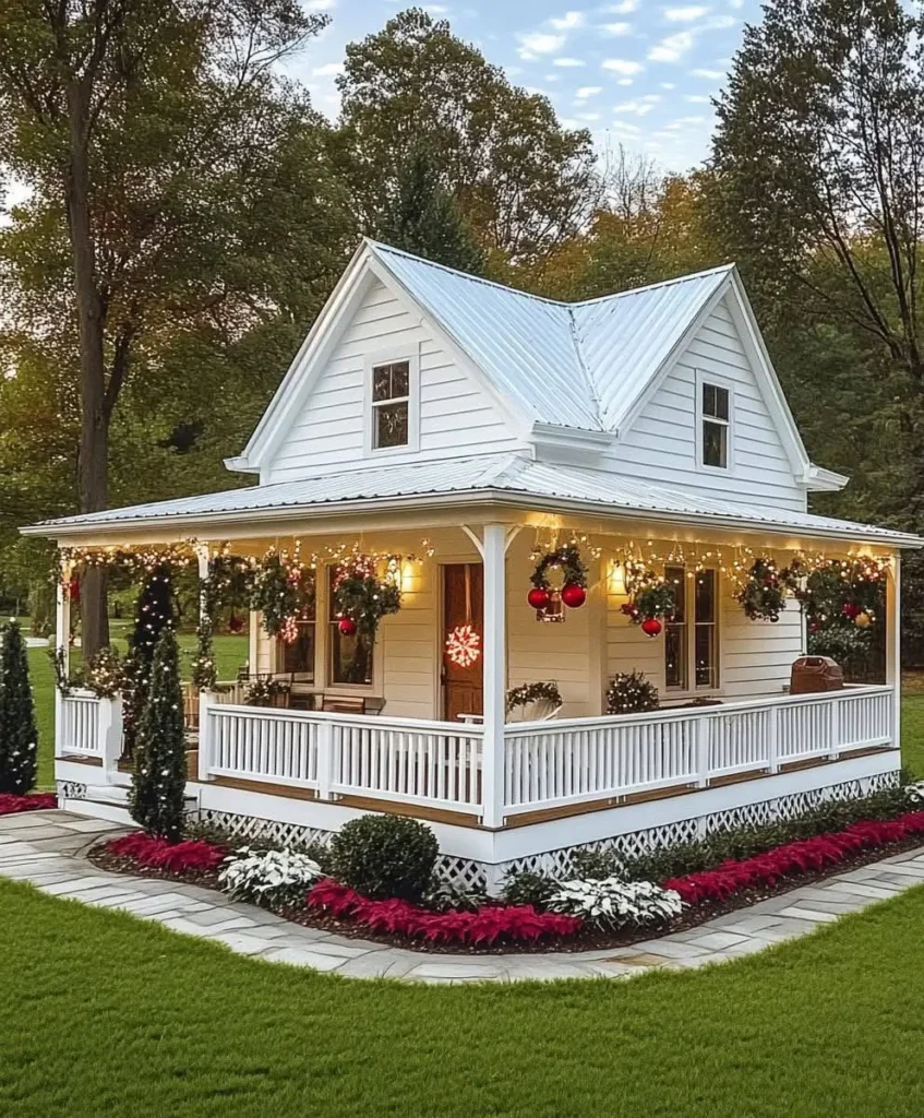 White cottage with wrap-around porch, holiday wreaths, string lights, and poinsettias.