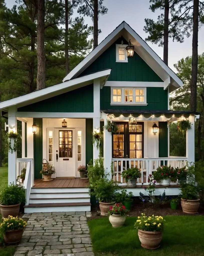 Green and white cottage with porch lights, potted plants, and hanging greenery.